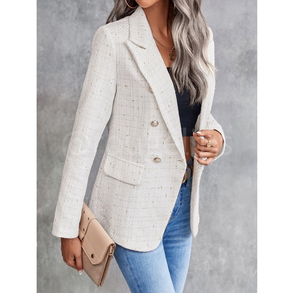 Classic Plaid Tweed Double Breasted White Blazer Jacket Long Sleeve - Picture 4 of 16